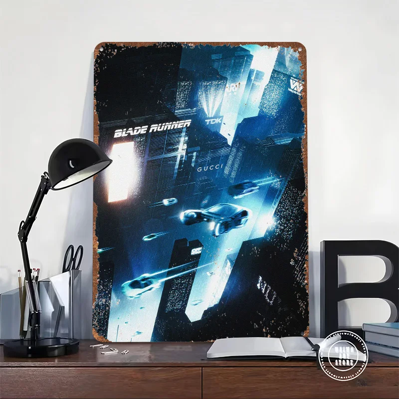 Blade Runner Futuristic Cityscape With Flying Personalized 3D Textured Metal Poster Wall Art Tinplate Sign for Vintage Decor