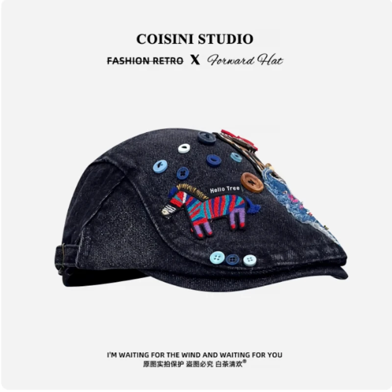Niche Original Cartoon Pony Patch Button Design Denim Men Forward Hat Spring and Autumn Short Brim Sunshade Beret for Women