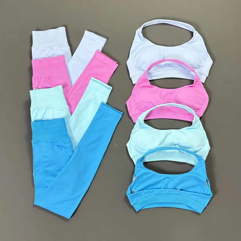 2Pcs Gym Leggings Set Seamless Women Halter Neck Yoga Bra and Sexy High Waist Scrunch Butt Legging Sports Fitness Workout Suit