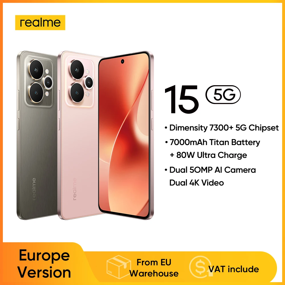 realme 15 5G Smartphone Dimensity 7300 + 5G Chipset 6500mAh Batterie 45W Charge 6.77" 144Hz AMOLED Affichage double caméra 50MP NFC