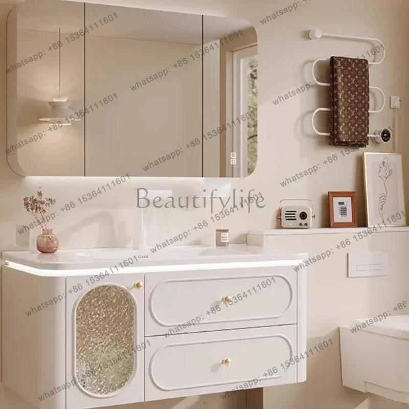 YJ Vintage Wood Bathroom Cabinet Integrated Shelf Storage Organizer Bathroom Cabinet Mirror Replica Vestidores Salon Furniture