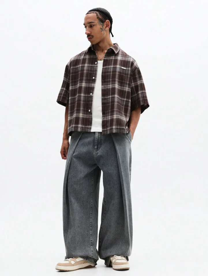 Oversized Plaid Flannel Short Sleeve Shirt