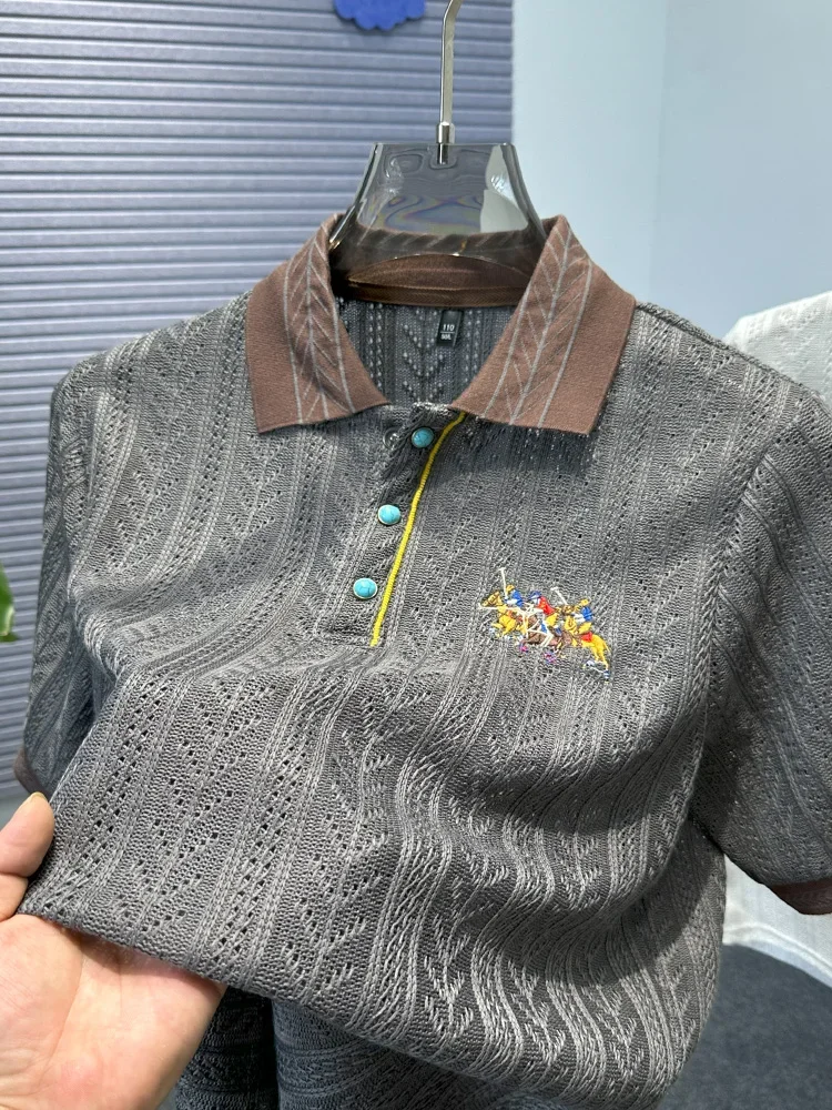 Design Brand Luxury Men's Polo Shirt Hollow Jacquard Horse Embroidery Knitted Short Sleeve T-Shirt Summer Fashion Men's Clothing
