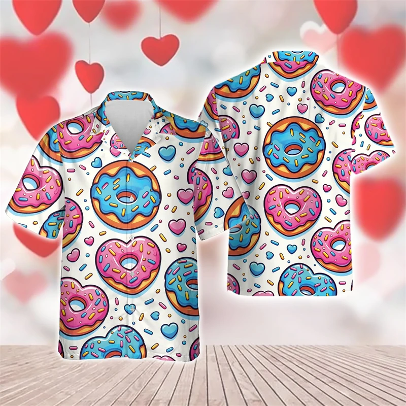 Men's Love Snacks Cake 3D Camisas Estampadas, Donuts, Amante de Chocolate, Camisa de Praia, Casal Casual, Manga Curta, Blusas Cp Y2k, Roupas