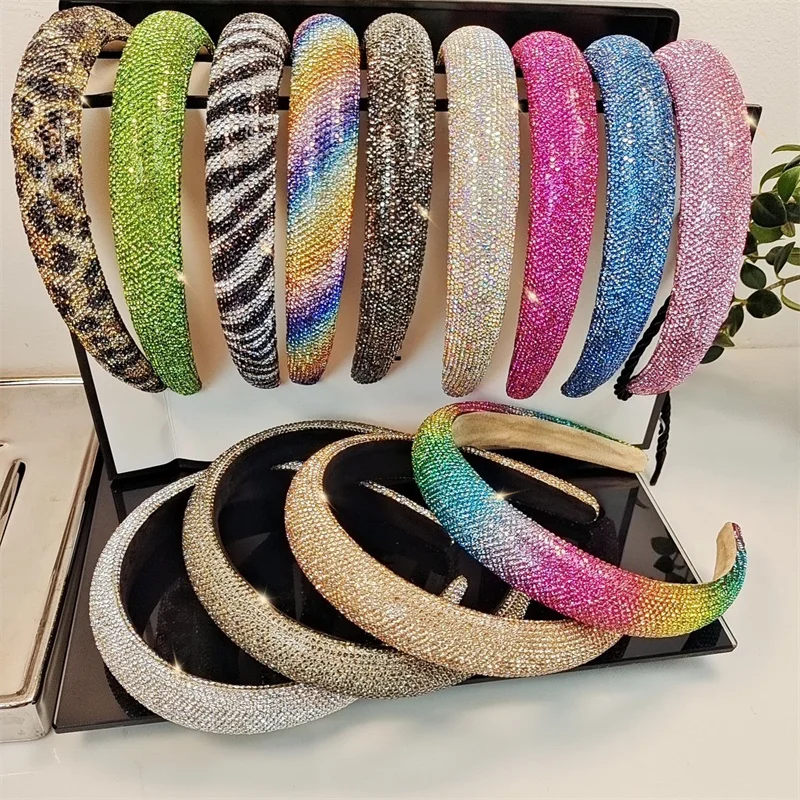 2.5CM Luxury Women Full Crystal Rhinestones Sponge Padded Headband Lady Girls Party Holiday Headpiece Colorful Baroque Head Hoop