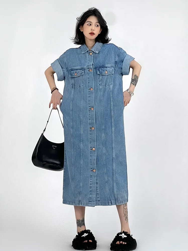 2024 Modieuze zomer nieuwe dames oversize denim shirtjurk losse vintage casual commuter flip kraag rechte buisrok