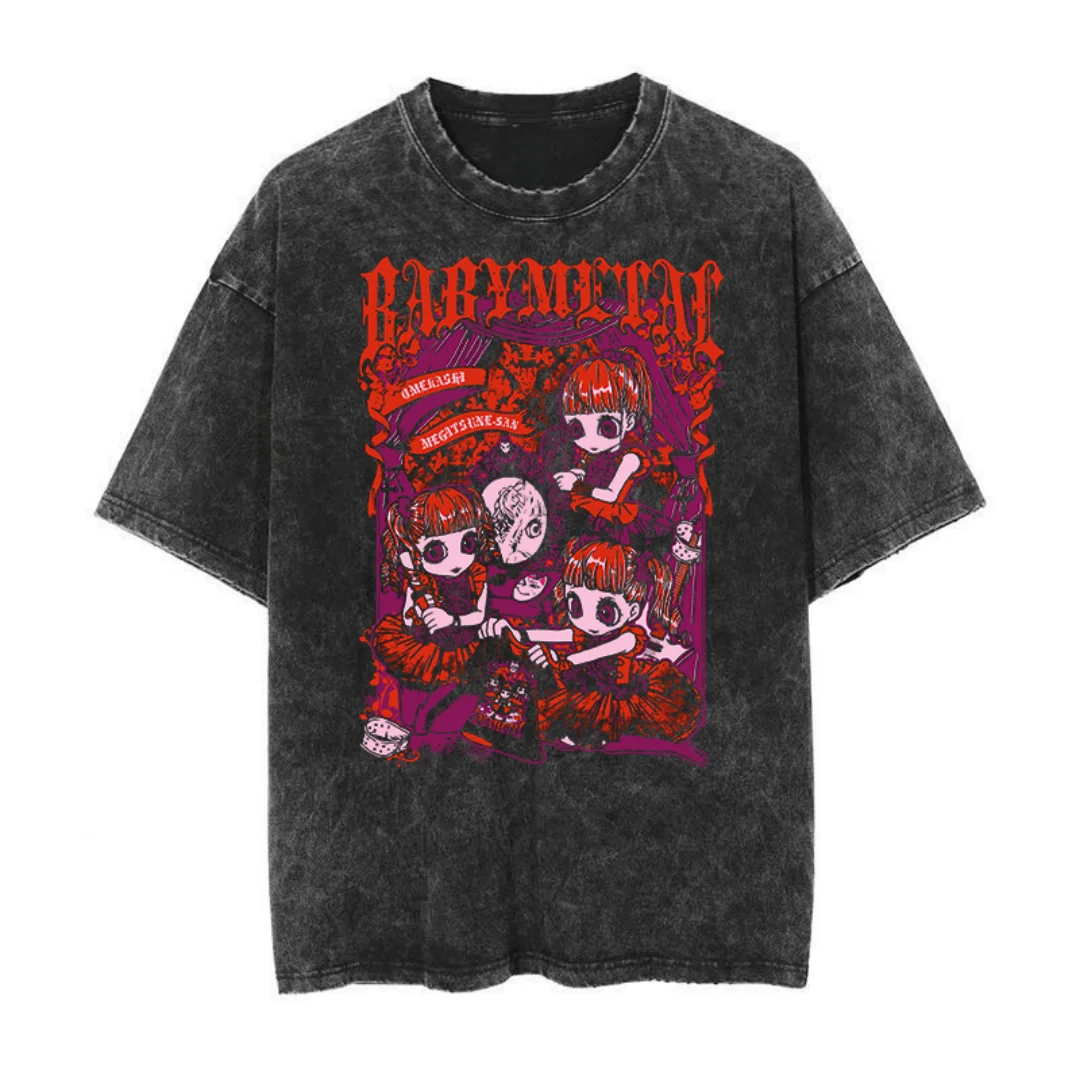 

Babymetal Band Anime Character Graphic Tee Men's Washed Tshirt Male Rock Anime-themed Casual Comfortable Streetwear T-shirt