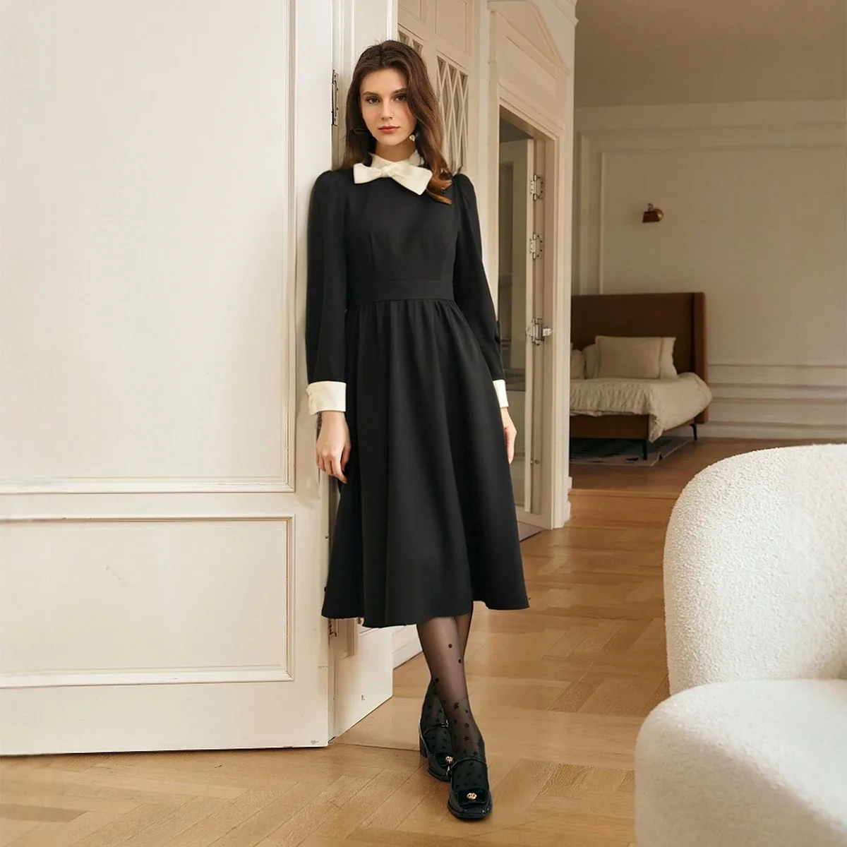 OLrain Women Black Dress Spring 2026 French Style Bow Detail Patchwork Elegant Fashion Office Lady Midi Dresses O57QL95383