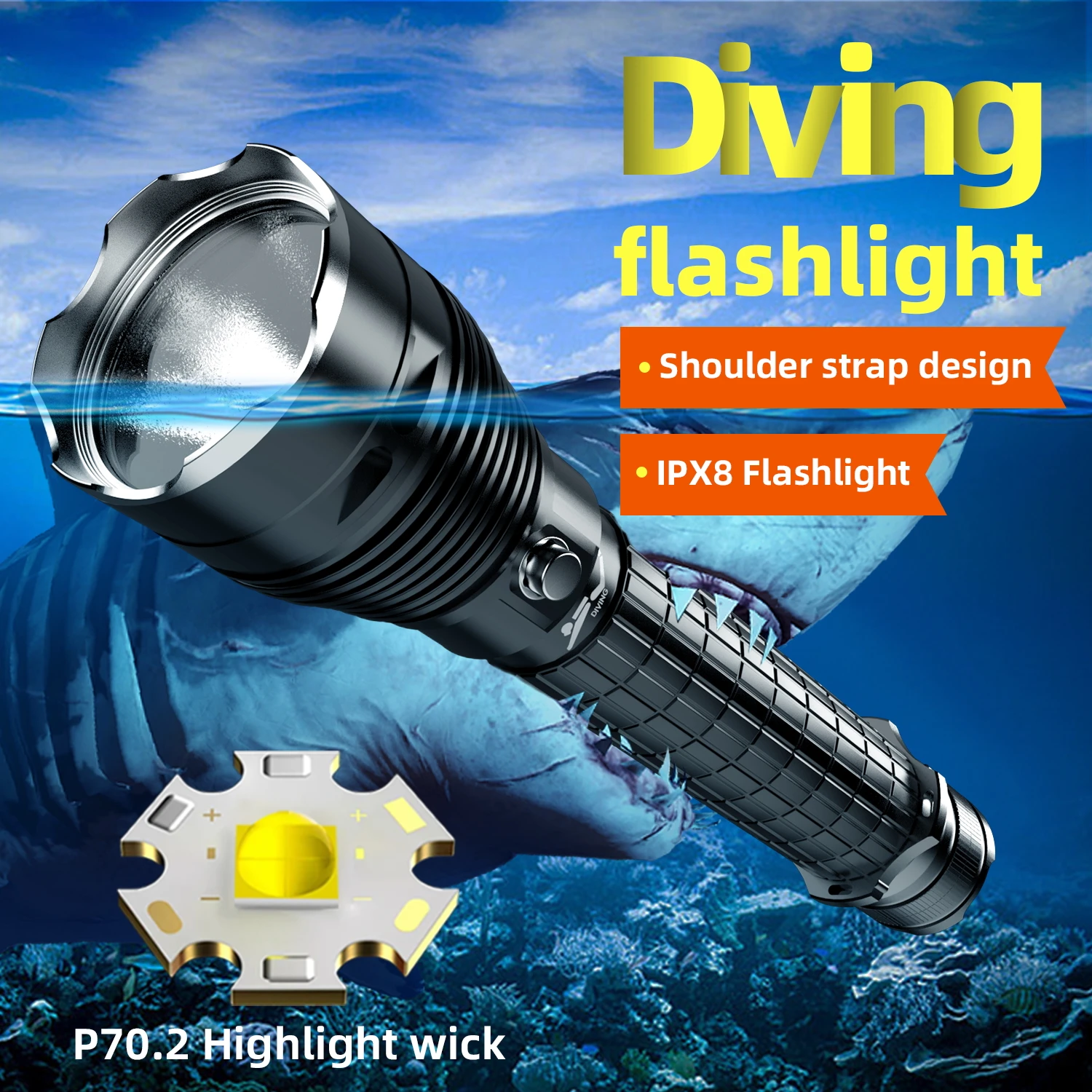 Diving XHP70 4000LM LED 100M Waterproof Underwater Multifunctional Shoulder Strap Adjustment 30W Flashlight Lamp Torch