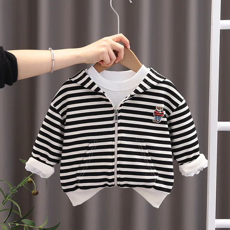 2024 Girls Hooded Coat Boys Striped Cartoon Cotton Jacket Spring Autumn New Children Fashion Casual Cute Clothes 12M-6 Years Old