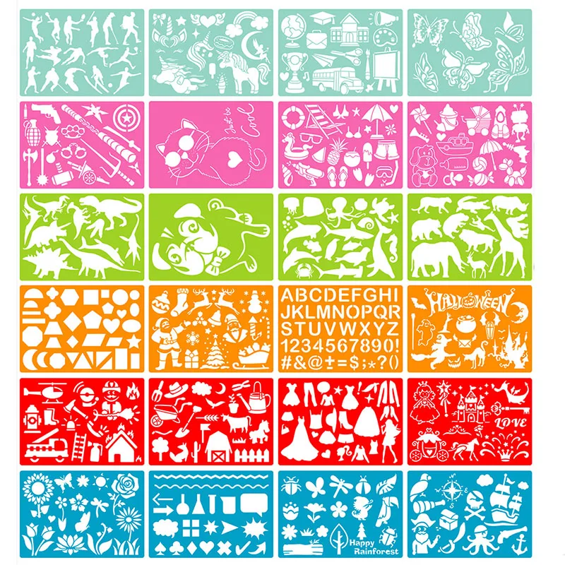 6-24pcs Children DIY Drawing Stencils Draw Toys Cartoon Christmas Halloween Digital Geometry Painting Assist Template Rulers