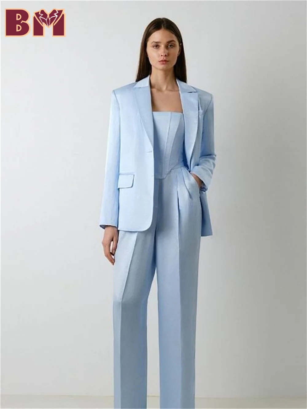 BRLMALL-2PCS Fashion Notched Lapel Women Suit Set Jacket Pants 2025 Elegant Sky Blue Women Suit Customized Women Office Suit