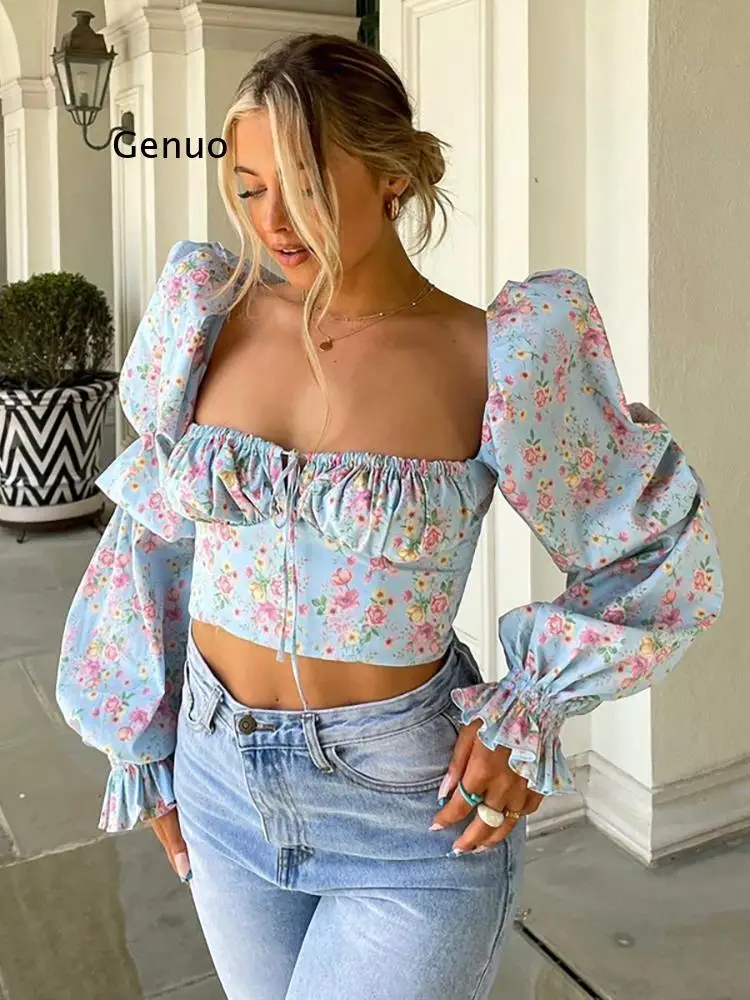 Puff Sleeve Blouse Women Floral Print Ruched Hollow Out Zipper Tie Up Slim Fit Crop Top Prairie Chic Square Neck Blouses