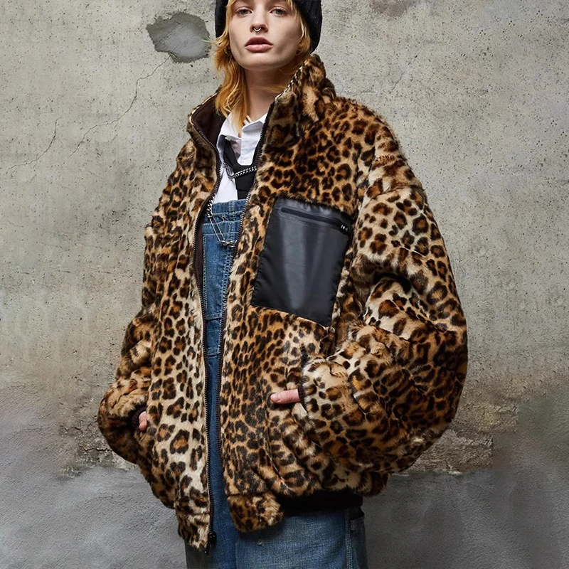 NIGO LP Women's Fall And Winter Leopard Print Reversible Jacket Loose Zipper Long Sleeve Coat #nigo61456