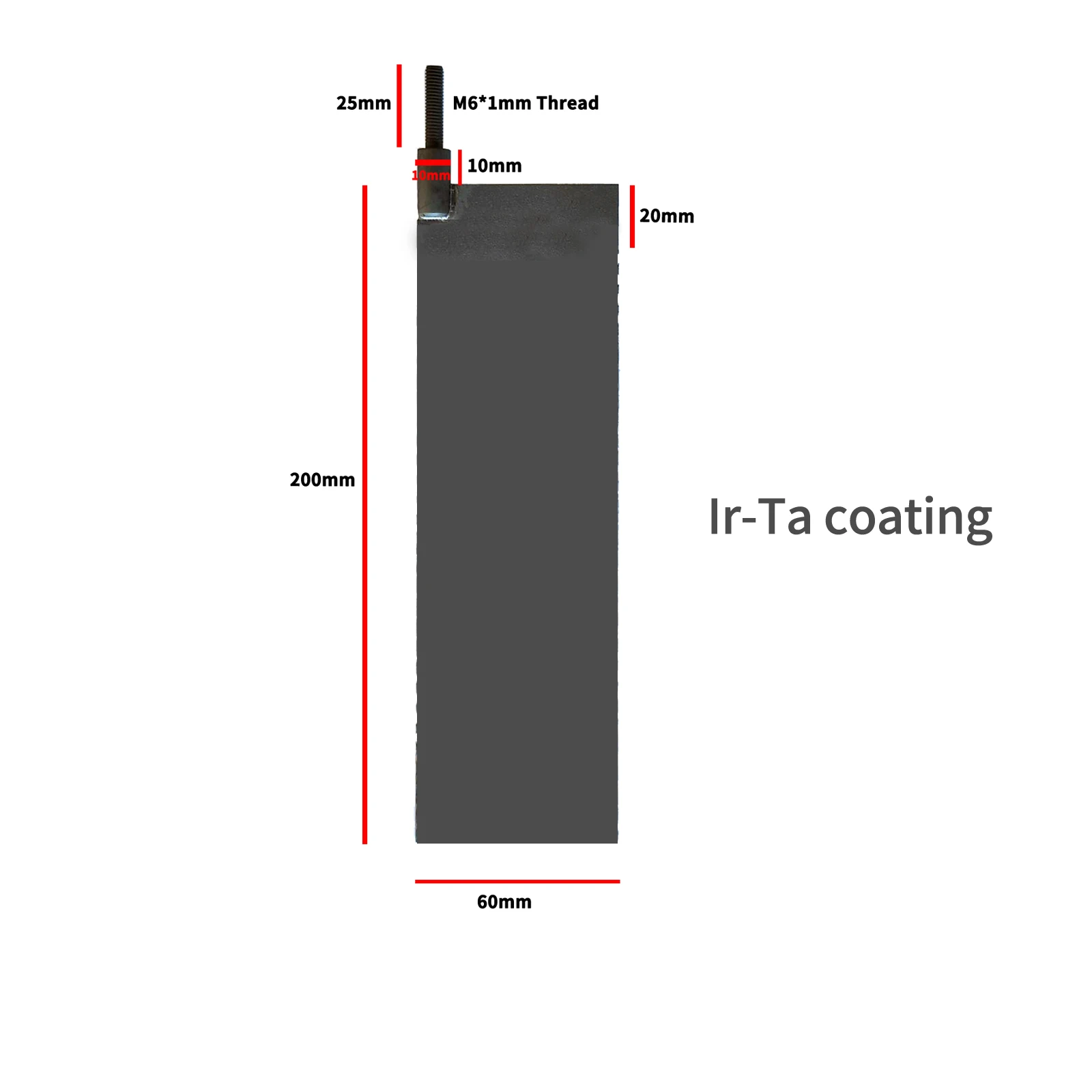 Титановая анодная пластина с клеммой, покрытие Ir-Ta, 200x60 мм с клеммой, 1 шт., черный