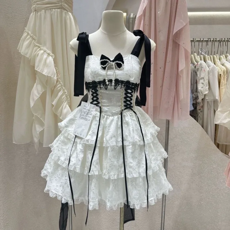 Verão doce lolita vestido de princesa feminino elegante renda retalhos arco em camadas bolo vestido y2k harajuku design de moda cinta vestido