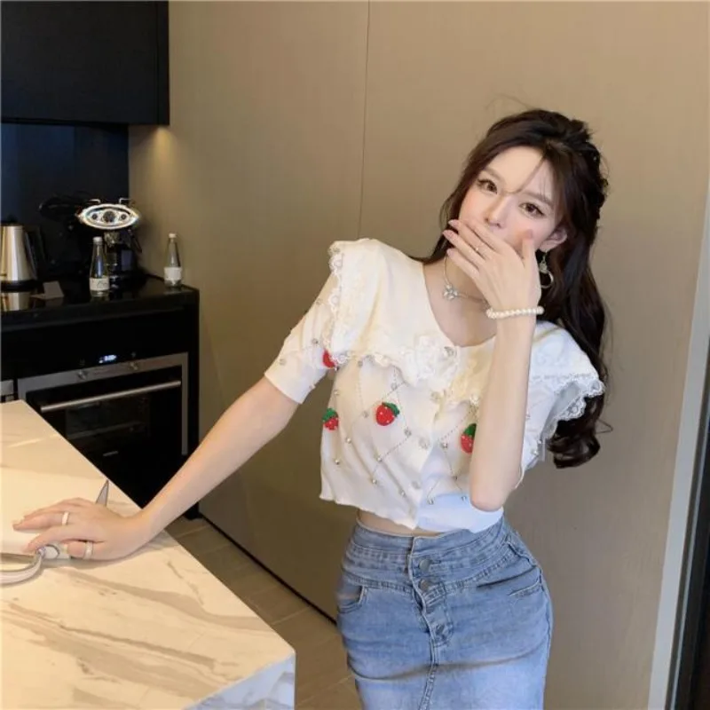 Blouse Knitwear Women's Summer Sweet Peter Pan Collar Lace Trim Strawberry Studs Short Sleeves Knit Cardigan New Versatile Chic view 6