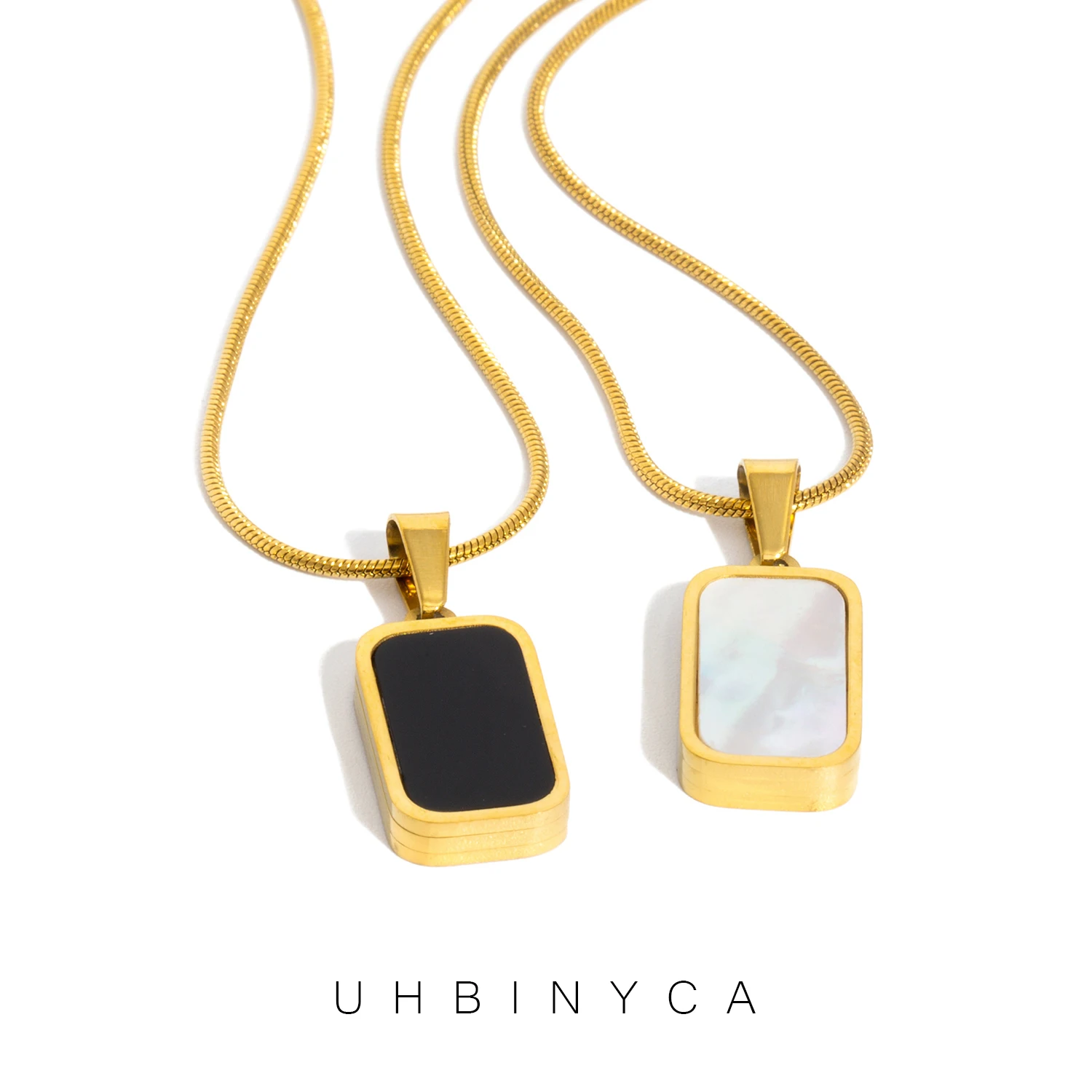 Collar con colgante cuadrado de doble cara para mujer, hipoalergénico, chapado en oro de 18 quilates, acero inoxidable, concha y joyería de moda acrílica