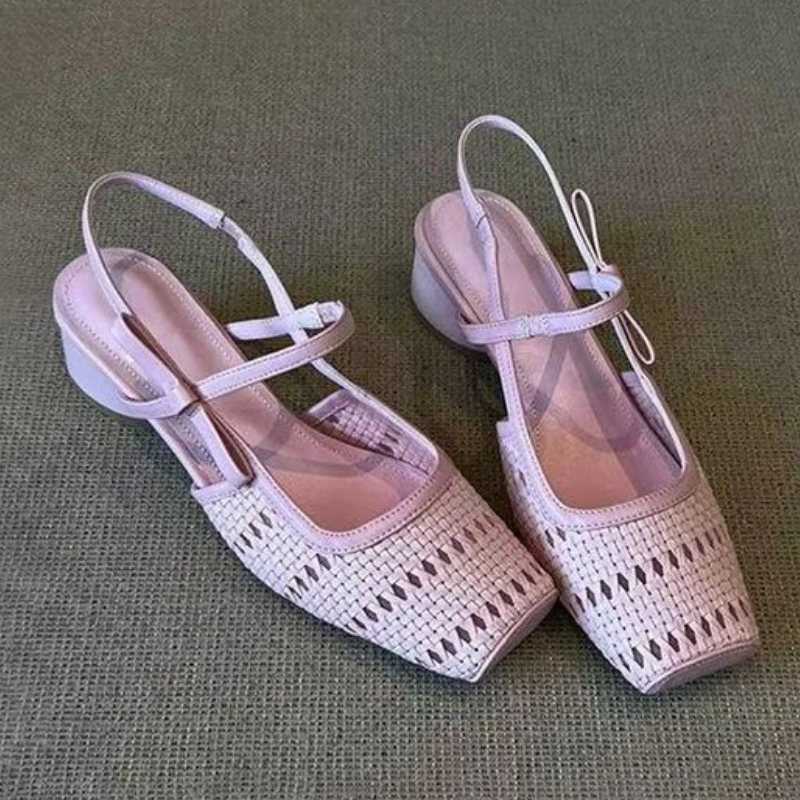 Sandal Hak Jaring Wanita Sepatu Hak Sedang Pita 2025 Sepatu Chunky Dangkal Ujung Persegi Mode Baru Musim Panas Slide Nyaman Berjalan Wanita