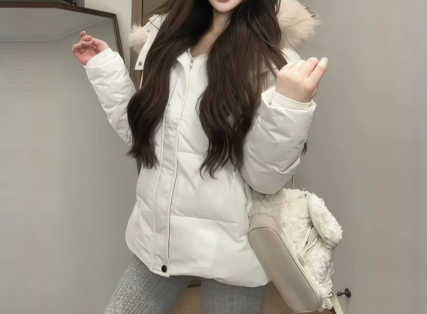 معطف نسائي شتوي جديد للتخسيس بخصر متوسط لعام 2025 باللون الأبيض عالي الجودة وياقة من الفرو قابلة للفصل #3