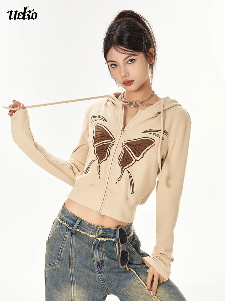 Cropped Hoodie Women's American-Style Retro Zipper Color Matching Cartoon Butterfly Print Spring and Autumn Cardigan Fashion Top