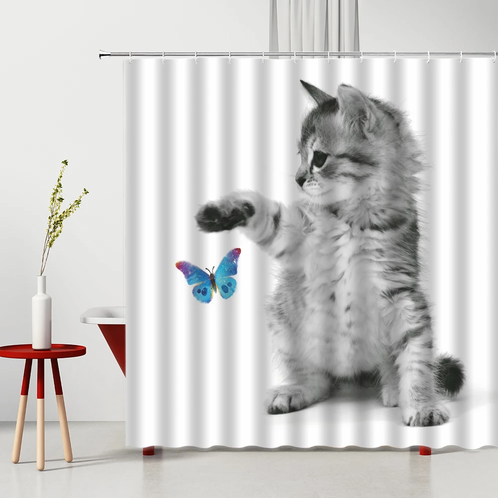 Funny Cute Cat Shower Curtain 3D Printed Animal Pattern Fabric Waterproof Polyester Home Decor Bathroom