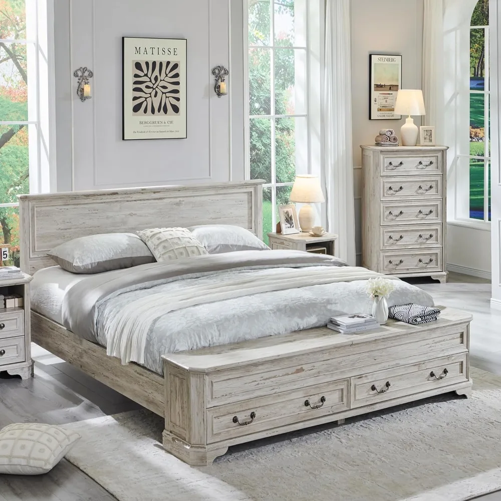 Cama tamaño queen de granja con cabecera y banco de almacenamiento, cómoda de almacenamiento con plataforma de madera rústica y 4 cajones grandes