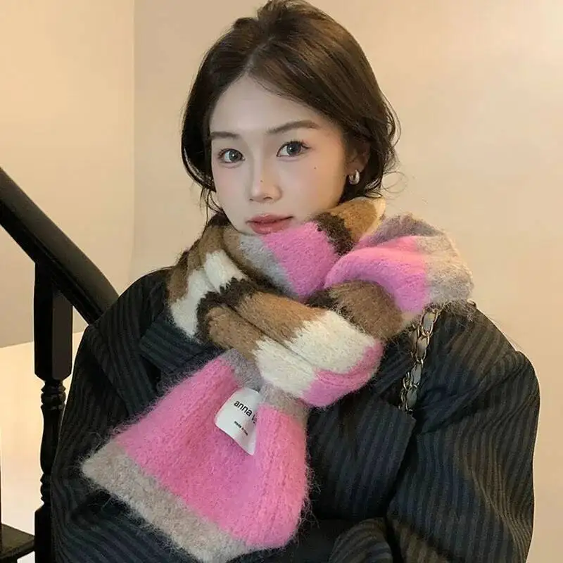 

Модный вязаный шарф из мохера контрастных цветов в полоску, длинный толстый теплый зимний шерстяной шейный платок, шаль унисекс, подарки для влюбленных