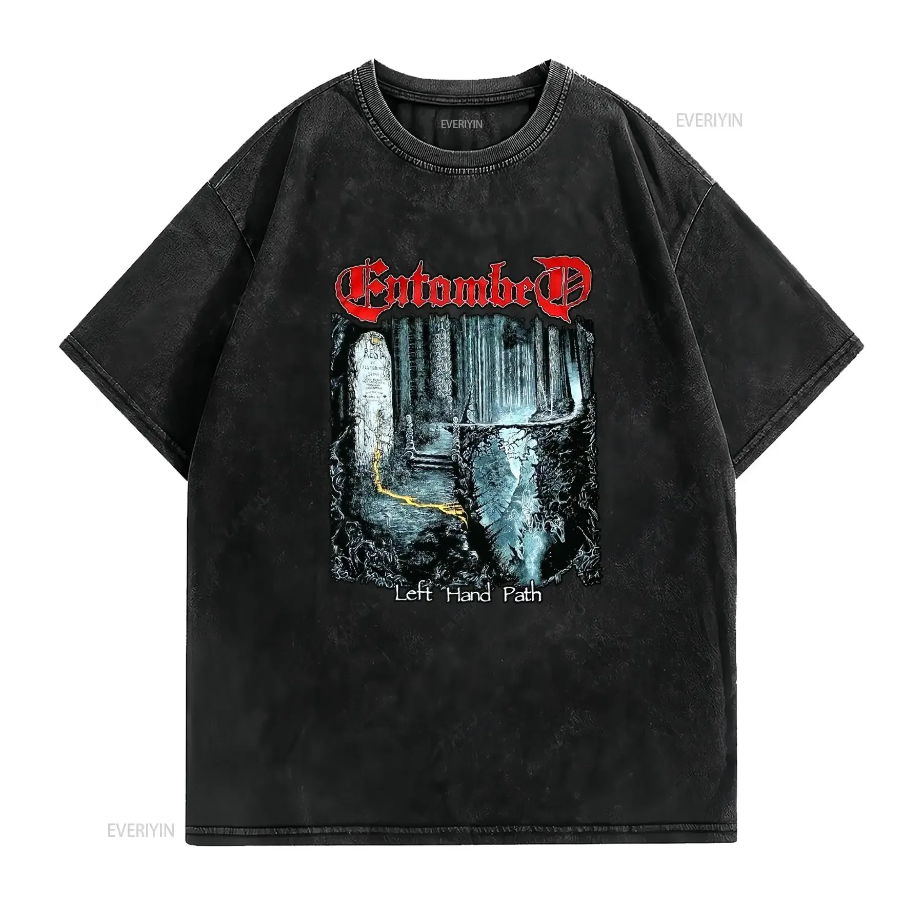 Men'S Entombed 4 T Shirt Heavy Metal with Graveyard Gothic Lettering Casual Round Neck for Concerts vintage Washed Comfortable