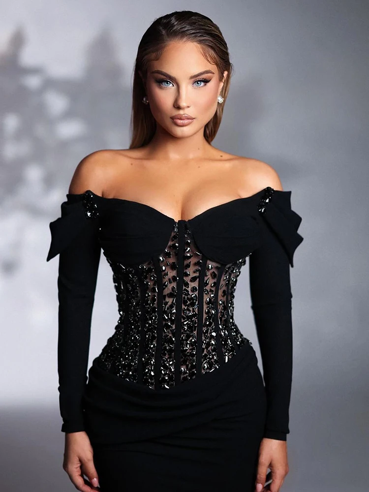 PB 2024 Mermaid Evening Dresses Black Long Sleeve Crystal Prom Gown Corset Off The Shoulder Satin Surface Shining Black Gowns