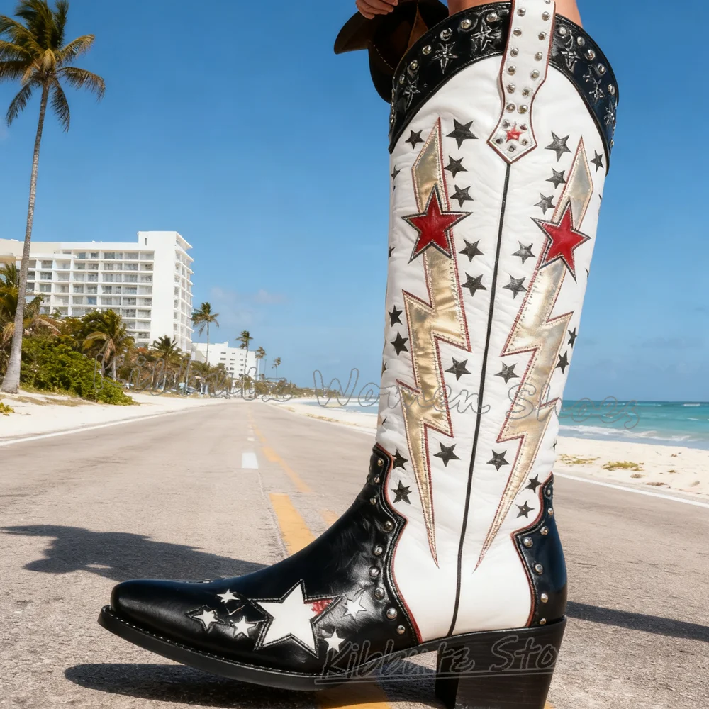 

Cowboy Knee High Boots Vintage Mixed Color Stars Leather Slip-On Fashion Luxury Novelty Pointy Chunky Heel Spicy Girls Shoes New
