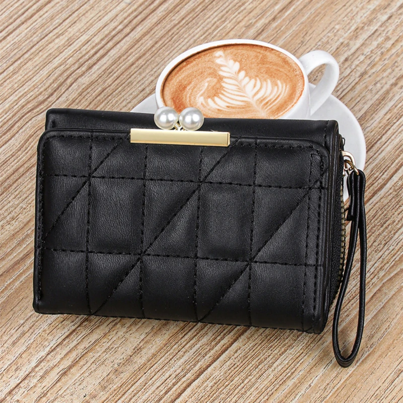 Women's Spring And Summer New Retro Frosted Embroidery Line Short  Bag Multi-card Handbag Wallet Pearl Large Bills Wallet