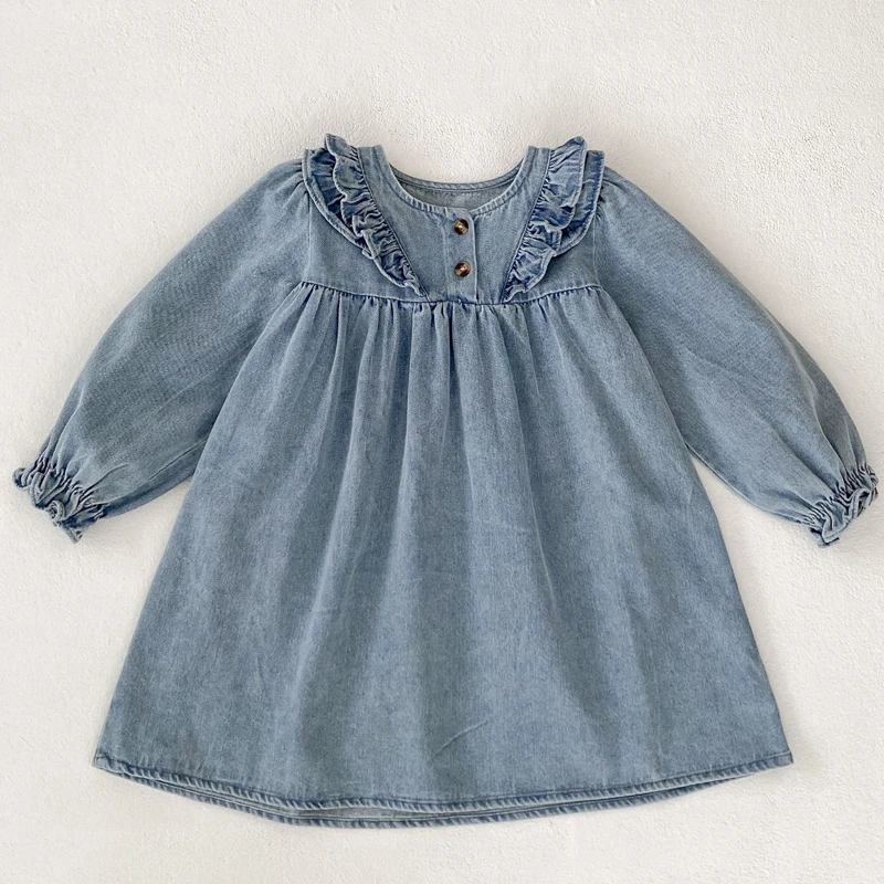 

Spring and Autumn New Baby Clothing, 0-5 Year Old Female Baby, Long Sleeve Lace Denim Dress