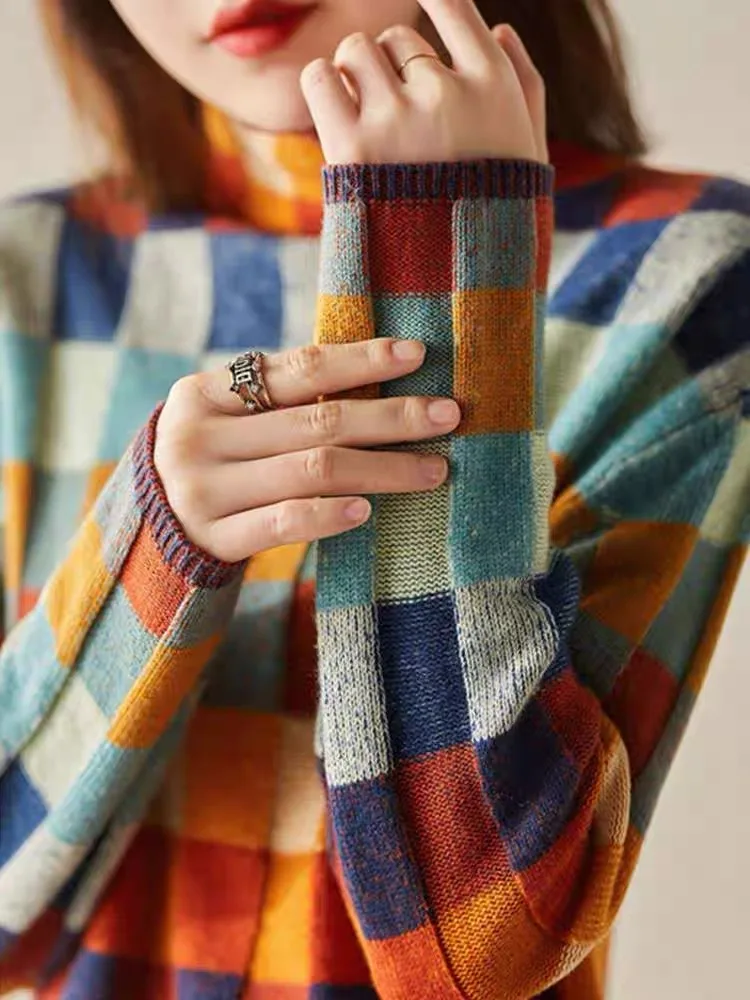 

Бренд Qingdao, женский шерстяной вязаный свитер с высоким воротником, осень-зима, клетчатый топ, основание, тепло, излучающий, модный...