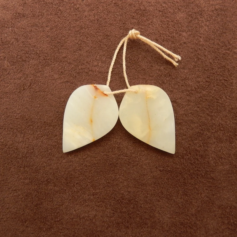 Amazonite Leaf-Shaped Earring Pair – Natural Creamy White Gemstone with Golden Inclusions for Artisanal Jewelry 29x20x4mm-6.2g