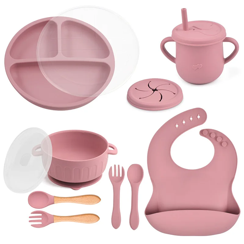 10pcs/Set Baby Children's Tableware Feeidng BPA Free ​Solid Color Food Plates Sucker Dishes Spoon Fork Sippy Cup Baby Stuff