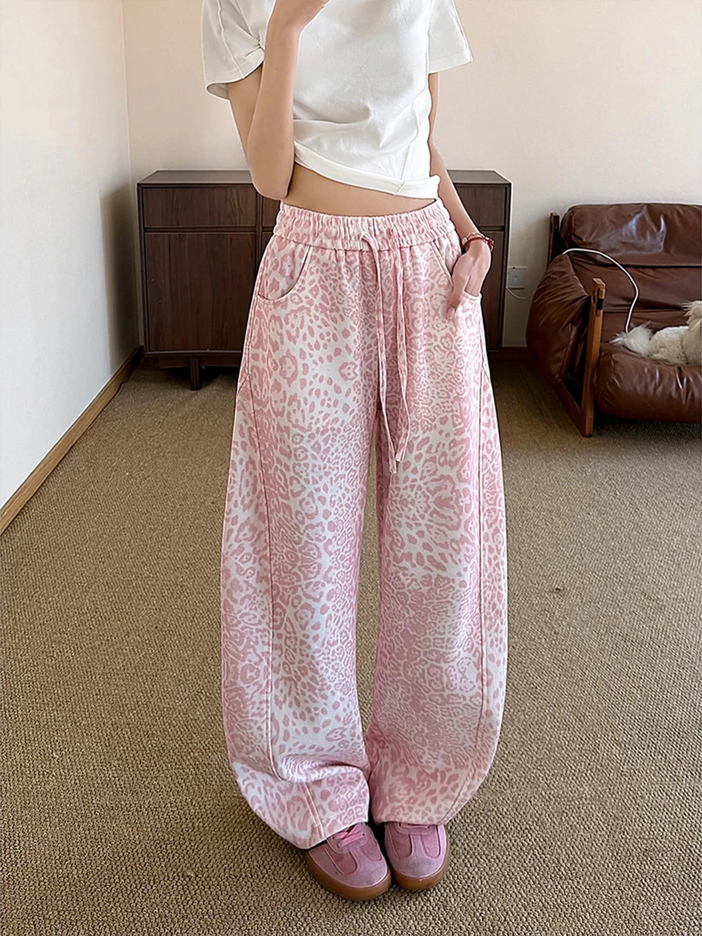 Cleanfit Pink Leopard Print Wide Leg Pants Men's Spring Summer Casual Trousers Slanted Cut Design Sense Knife Pants