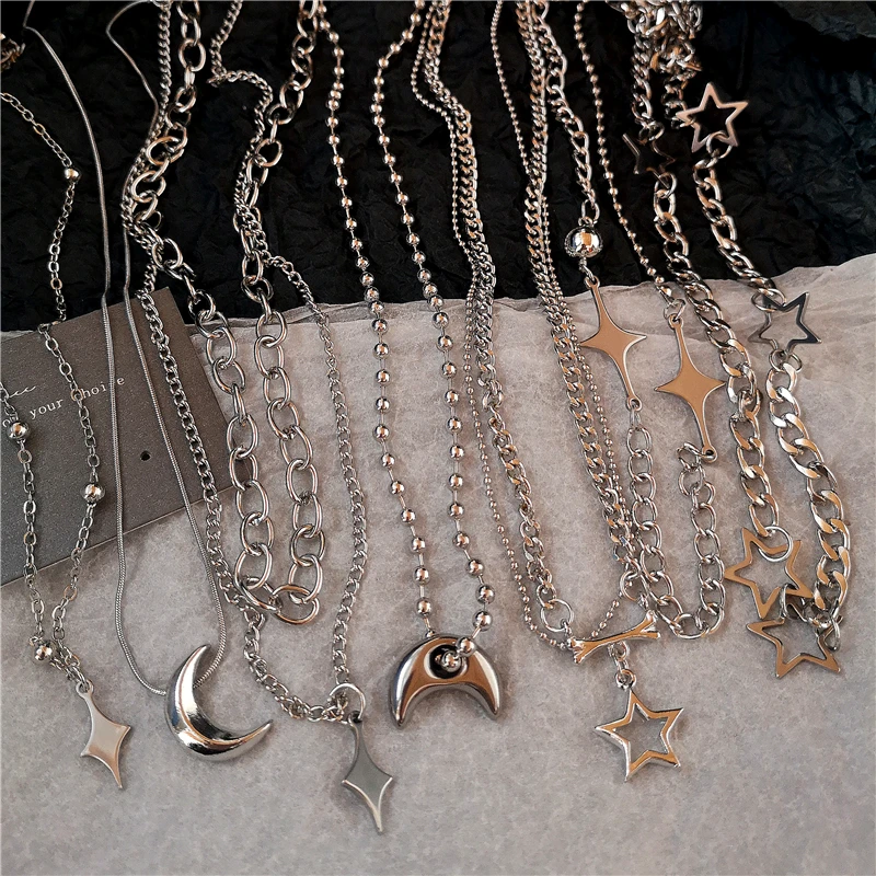 Kpop Y2K tendance étoile lune croix couleur argent tour de cou chaîne collier pendentif cou pour femmes hommes charme Grunge Punk bijoux de mode