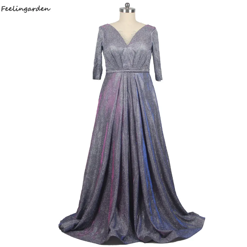 

Feelingarden Evening Dress Shiny Purple V-Neck Half Sleeves Zipper A-Line Floor-Length Plus size Party Formal Gown Woman B543