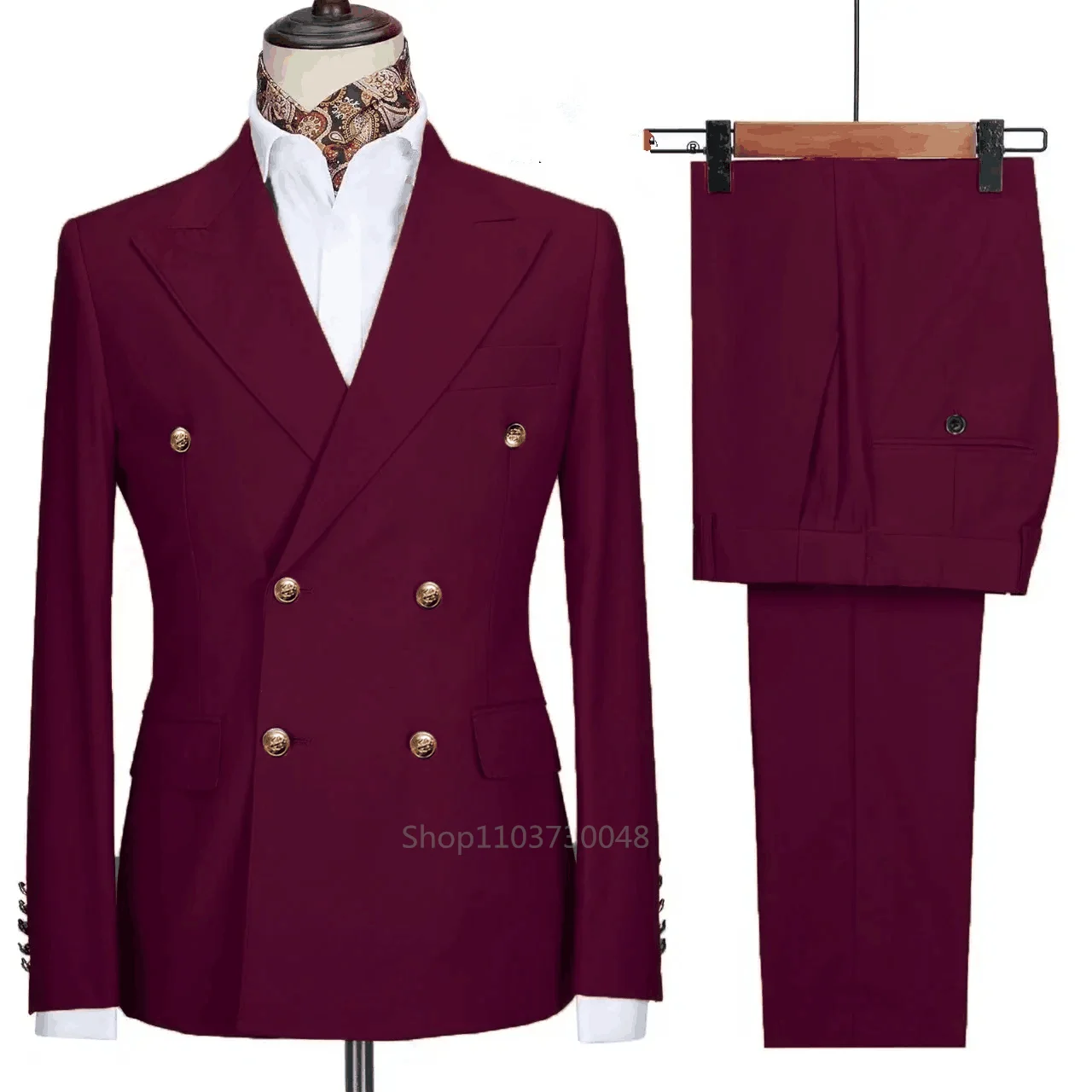 

Burgundy Men Suits 2 Piece Double Breasted Peak Lapel Outfits Fashion Business Casual Slim Fit Formal Wedding Party Groom Tuxedo