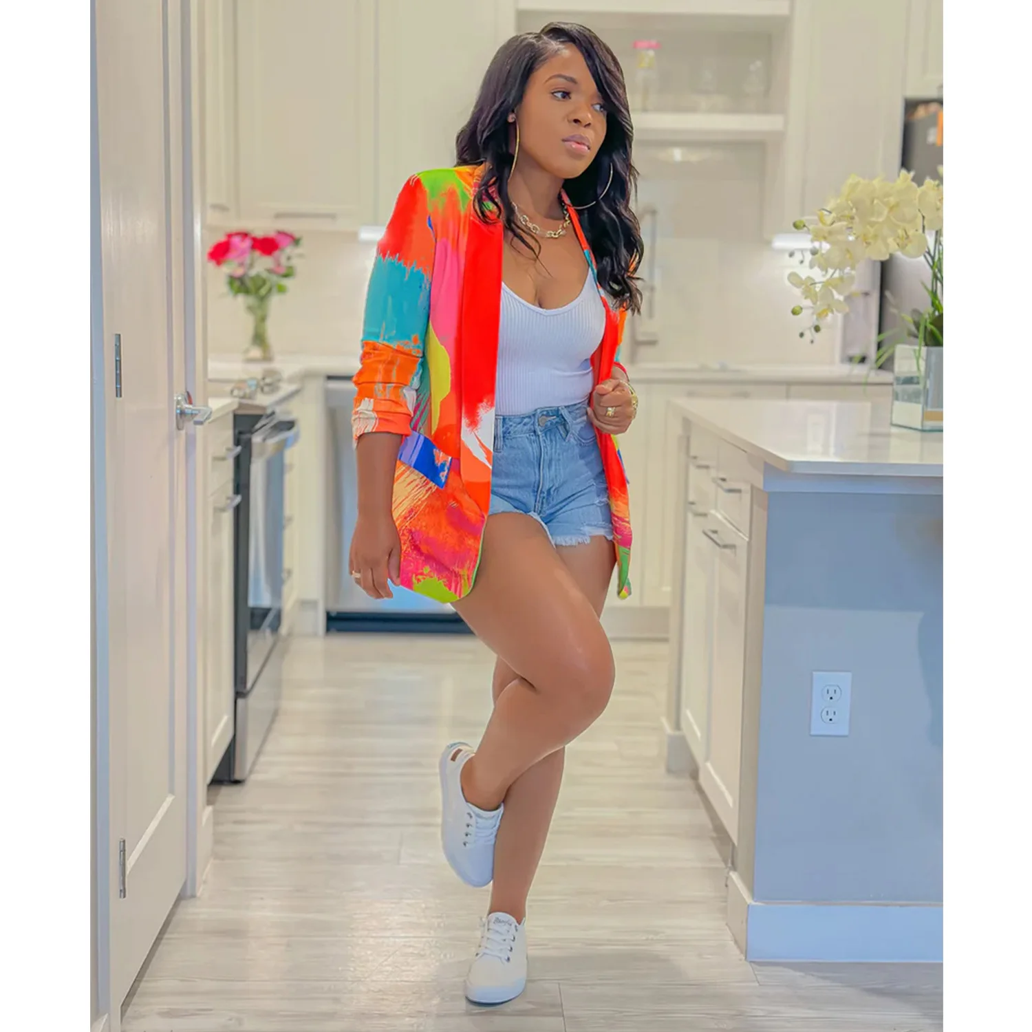 Women Graffiti Long Sleeve Open Front Blazers Jackets 2023 Casual Colorful Printed Lapel Collar Top Classic Office Blazers Suit