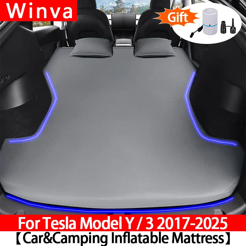

For Tesla Model Y & Model 3 2017-2025 All Models Inflatable Air Mattress Outdoor Camping Inflatable Suede Fabric Car Travel Bed