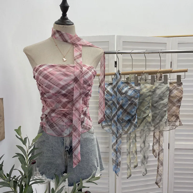 Women Plaid Print Mesh Strapless Tube Top Built In Padded Anti Slip Strip Ruched Sleeveless Bow Ribbon Crop Tank Tops8166