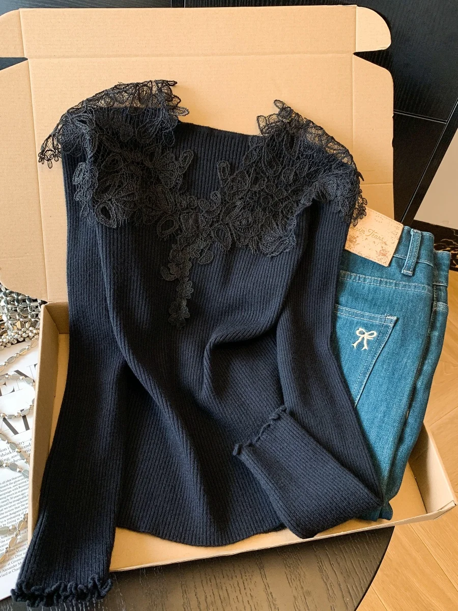 레이스 스플라이스 롱 니트 스웨터 여성용 겨울 신상 슬레 슈퍼 아름다운 이너웨어 스퀘어 칼라 베이스 셔츠