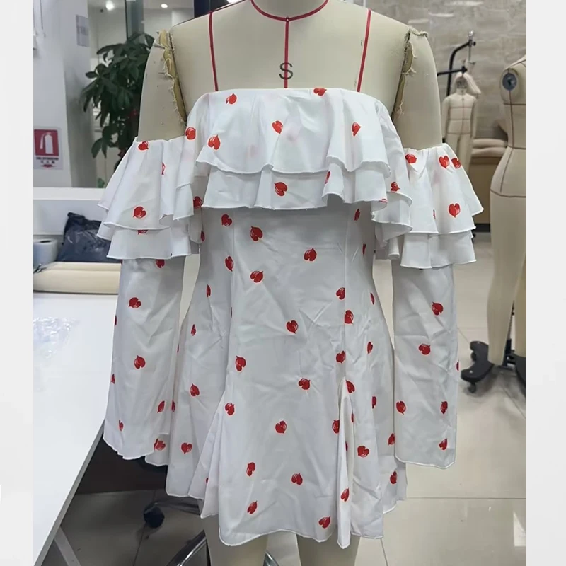 Minivestidos con hombros descubiertos y estampado de corazón para el Día de San Valentín para mujer, vestido acampanado con borde con volantes, vestido elegante sin espalda para salir