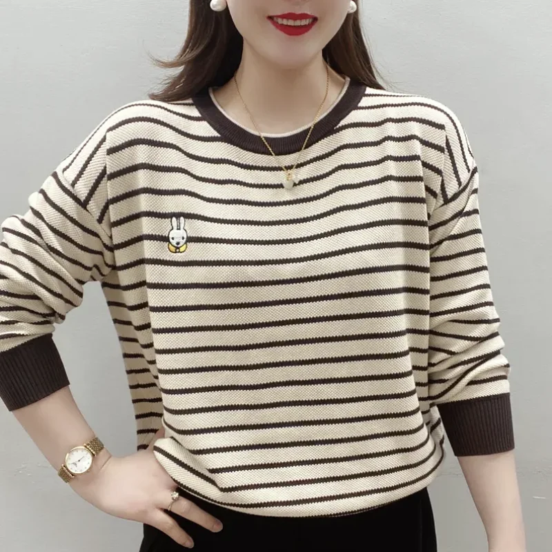 Korean Version Casual Versatile Commuter Women\'s Clothing Fashion Stripe Print Round Neck Long Sleeve Temperament Pullover Shirt