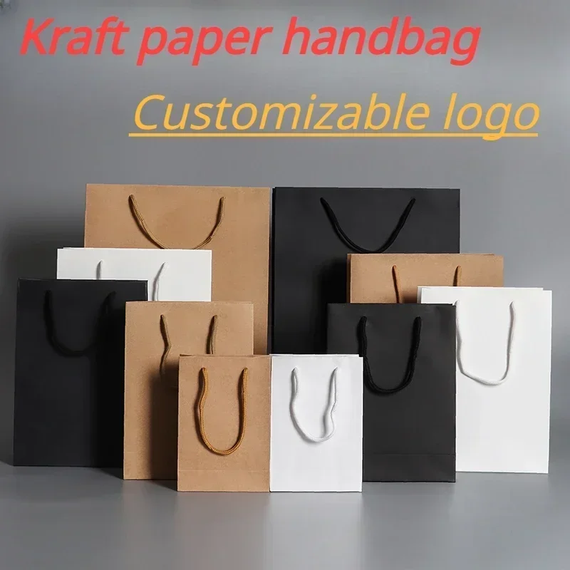 

Customizable Logo Thickened Kraft Paper Handbag Multi Size Large Capacity Clothing Shopping Bags Birthday Gift Packaging Bag