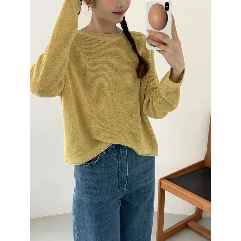 Luźny, swobodny sweter z lnu na lato i jesień w stylu Dongdaemun, dziergany, chroniący przed słońcem, o słodkim wyglądzie.