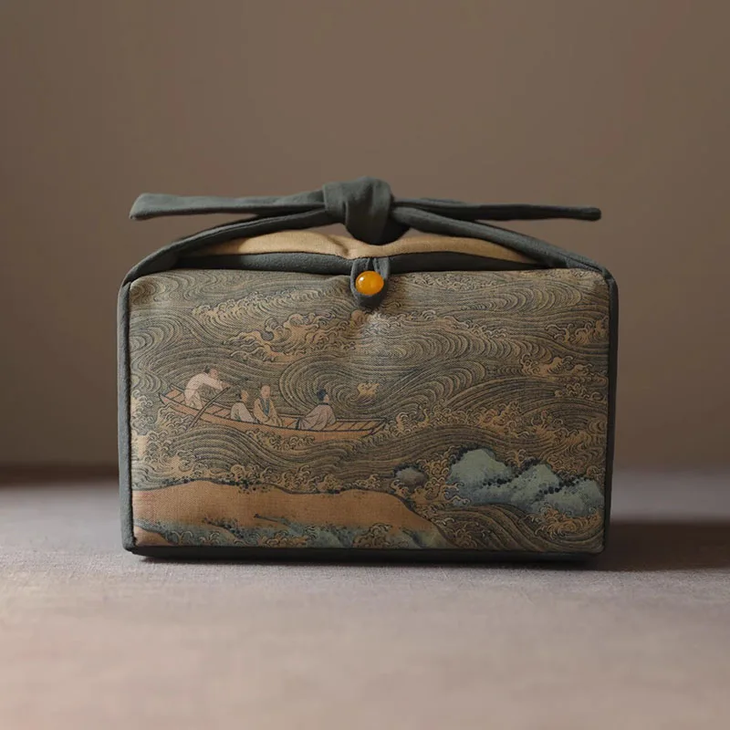 Tea Cup Bags with Drawstring Foldable Cloth Bag Chinese Style Printed, Scenic Travel Bag Teapot Tea Set Storage Organizer view 3