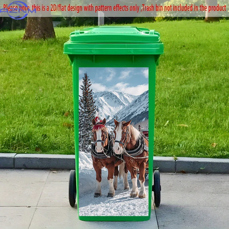 [2D Flat Printing] 1pc 2D Pattern Printed Kitchen Trash Can Sticker, X Cm Snow Ridge Double Horse Ride Theme Kitchen Home Deco